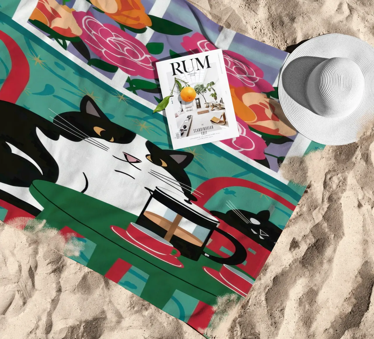 Cat Window Table beach towel by Flock Reverie