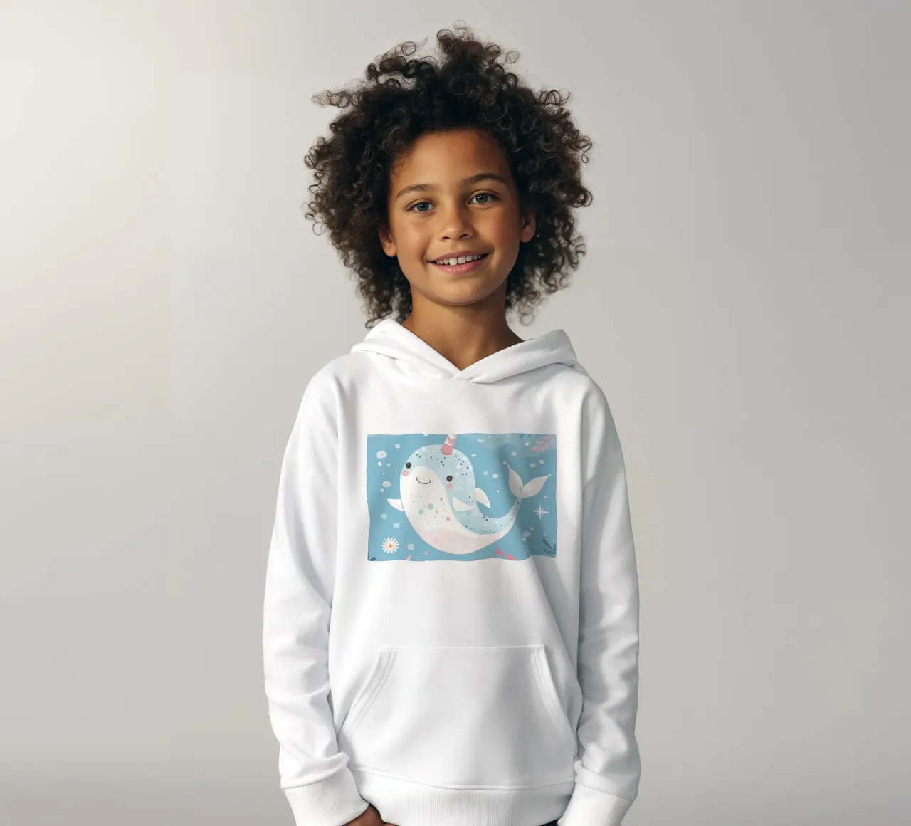 Allegro narvalo che nuota tra piante e fiori felpa bambino con cappuccio da DesignDoodle