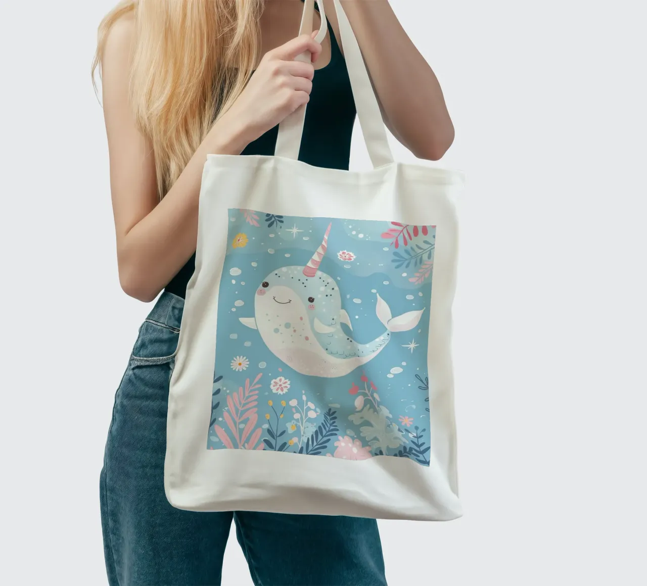 Allegro narvalo che nuota tra piante e fiori borsa in juta da DesignDoodle
