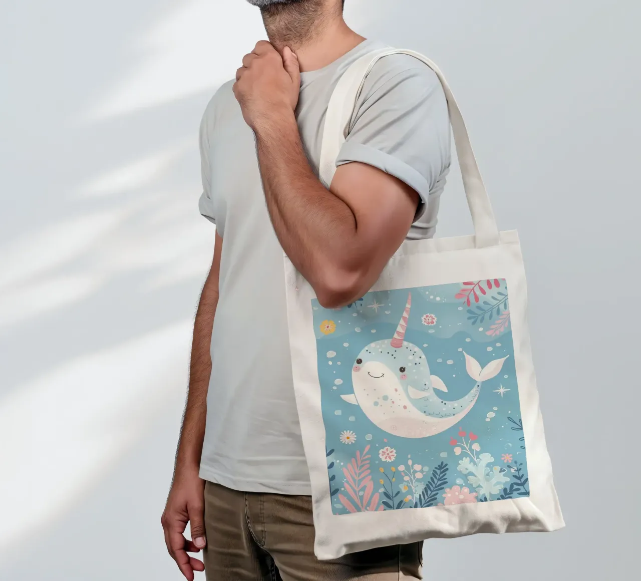 Allegro narvalo che nuota tra piante e fiori borsa in juta da DesignDoodle