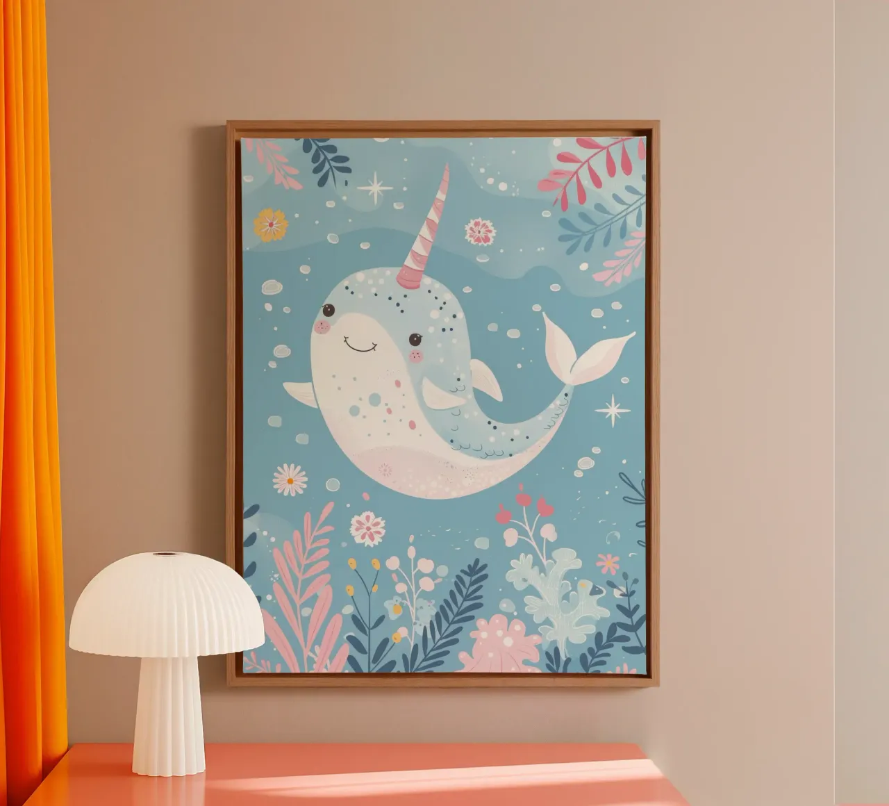 Allegro narvalo che nuota tra piante e fiori tela con Cornice a cassetta da DesignDoodle