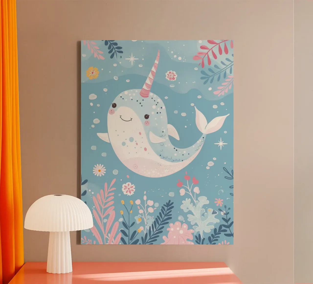 Allegro narvalo che nuota tra piante e fiori tela con Cornice a cassetta da DesignDoodle