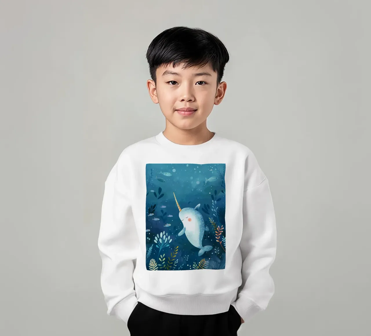 Il narvalo nuota pacificamente tra piante e pesci sottomarini felpa bambino da DesignDoodle