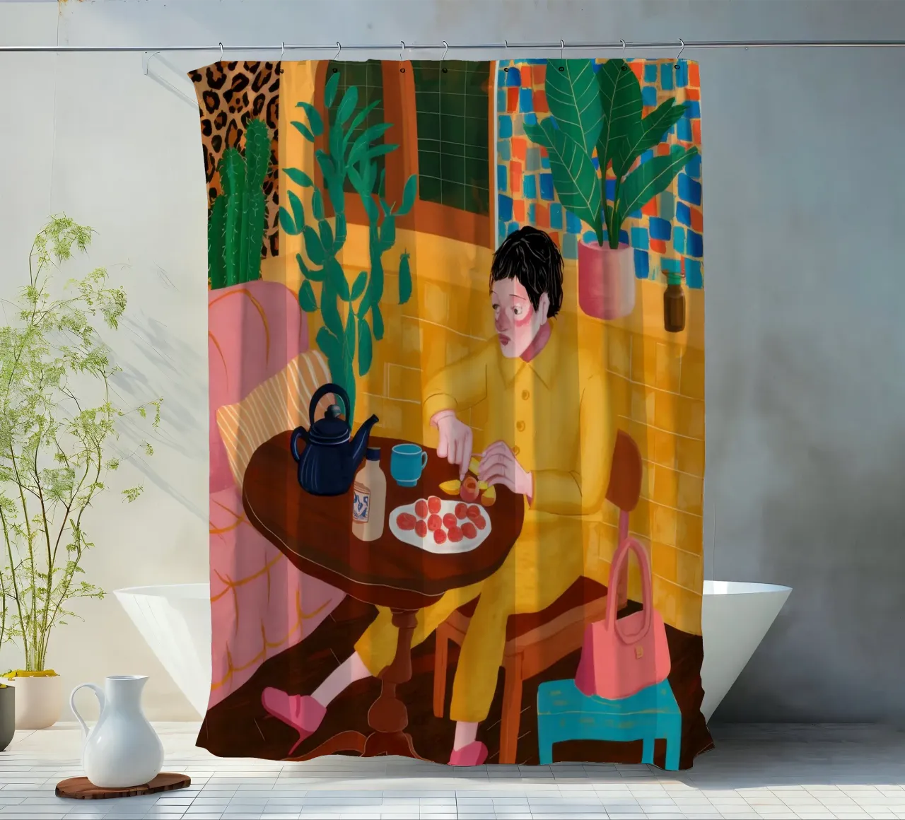 Sunny Yellow Tea Time shower curtain by Mythy Brush