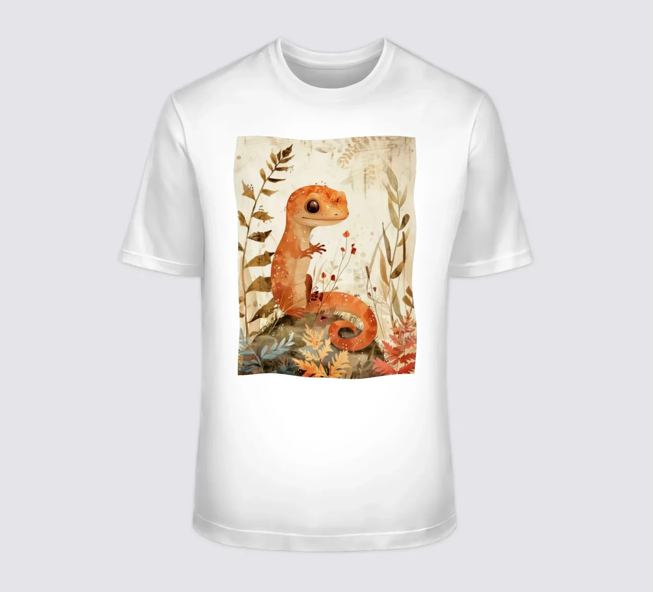 Lucertola arancione seduta su una roccia circondata da piante e fiori t-shirt da DesignDoodle