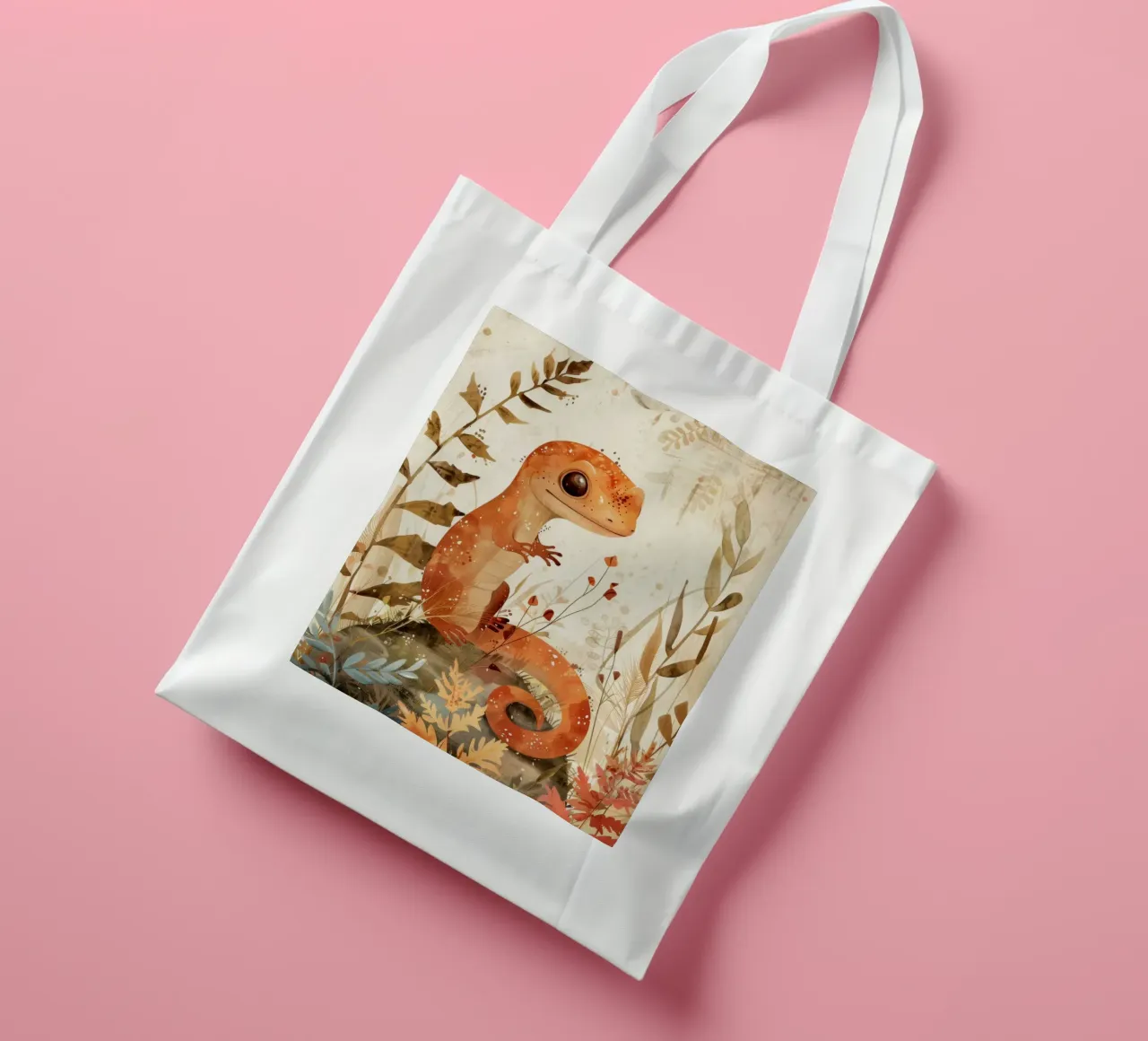 Lucertola arancione seduta su una roccia circondata da piante e fiori borsa in juta da DesignDoodle