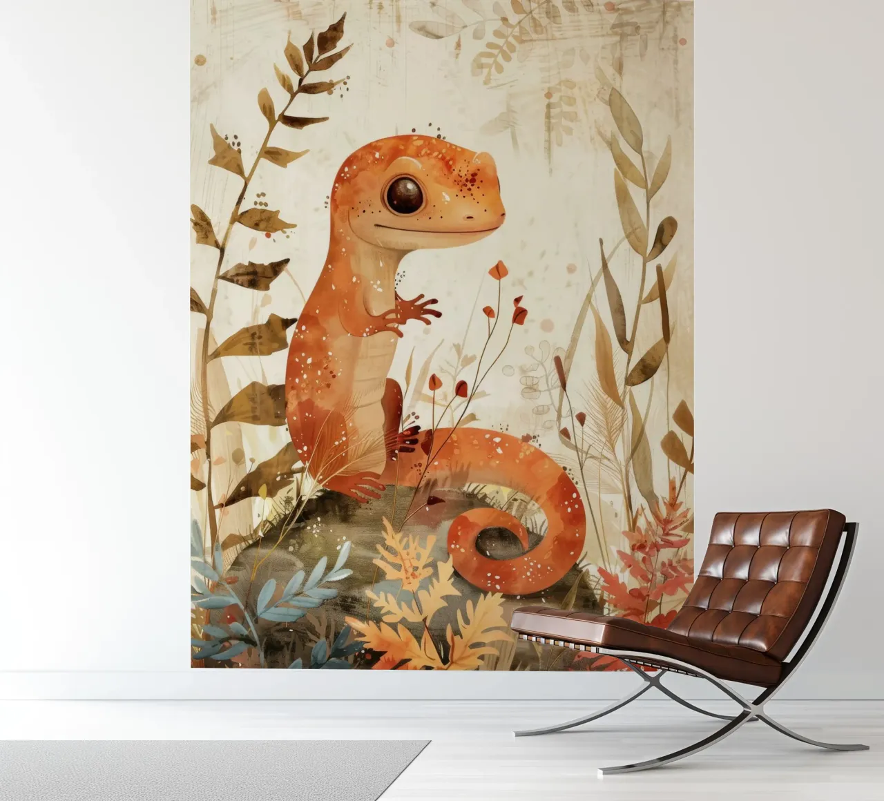 Orange lizard sits on a rock surrounded by plants and flower photo wallpaper by DesignDoodle