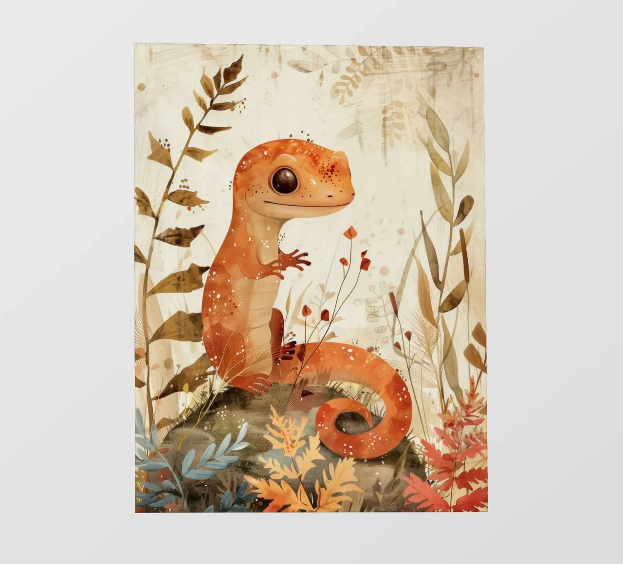 Orange lizard sits on a rock surrounded by plants and flower photo wallpaper by DesignDoodle