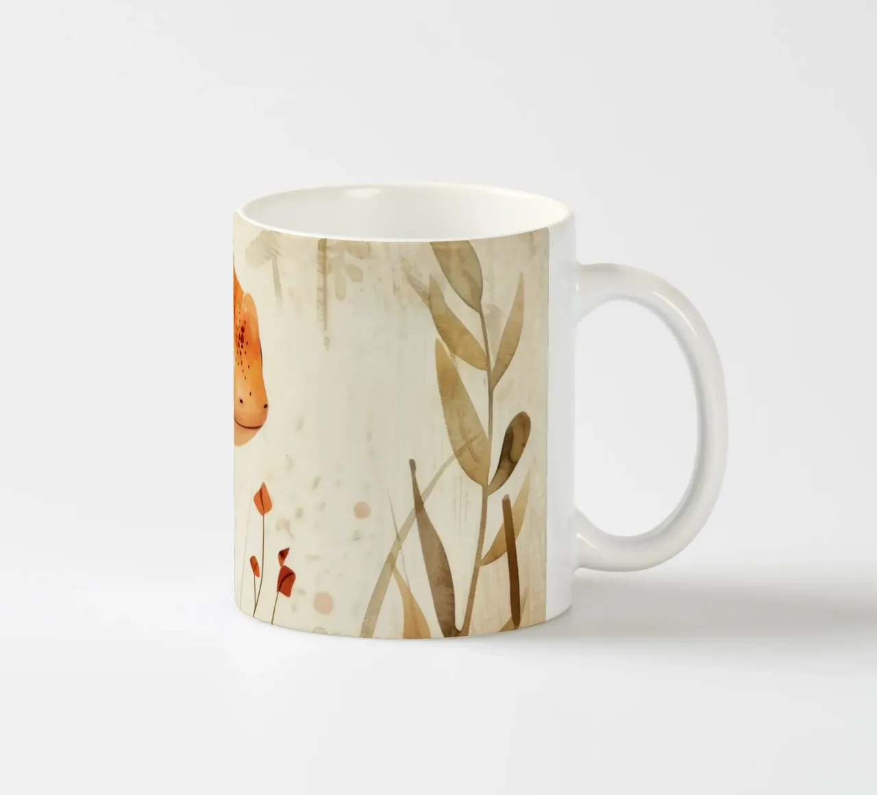 Lucertola arancione seduta su una roccia circondata da piante e fiori tazza in ceramica da DesignDoodle