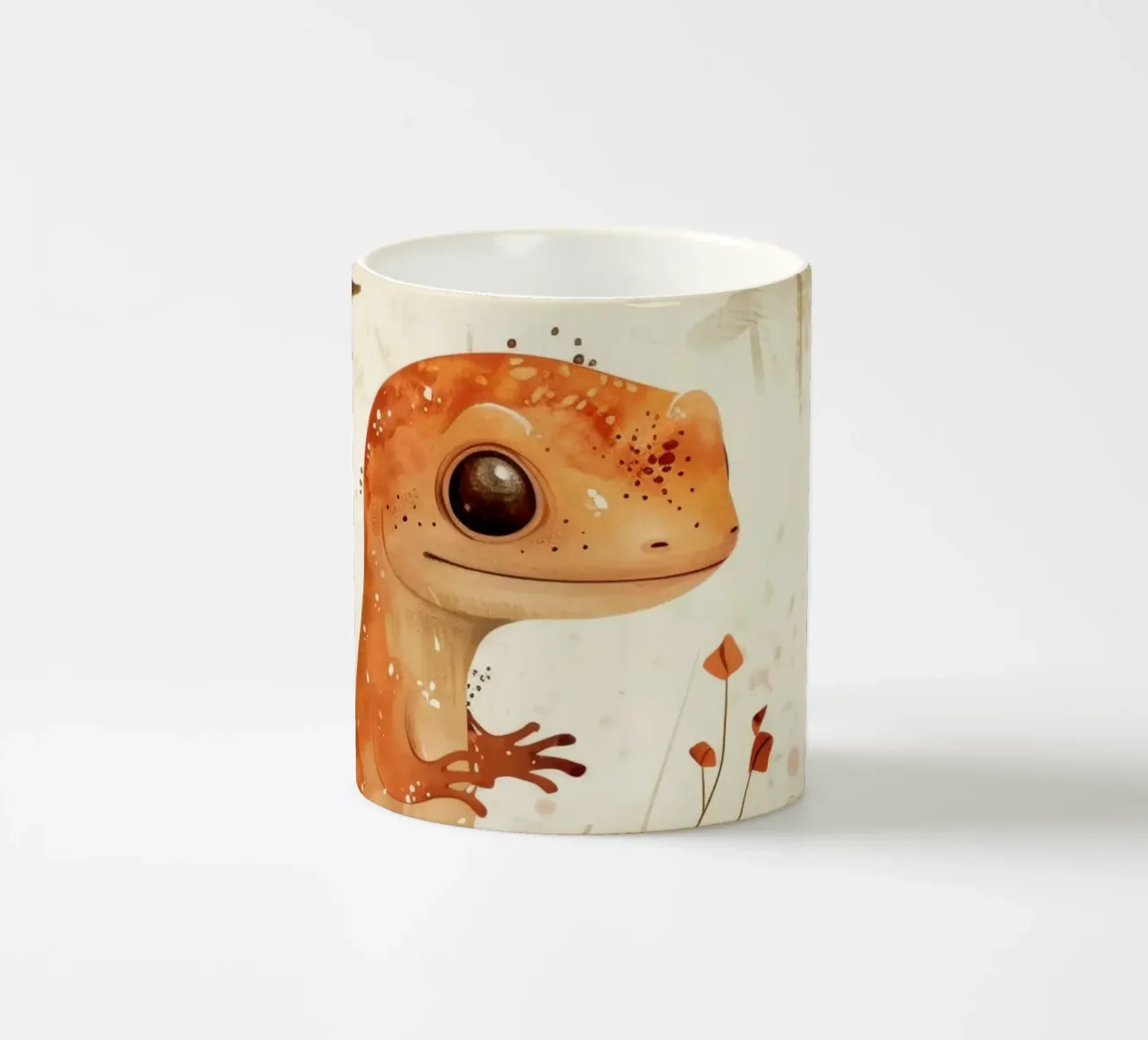 Lucertola arancione seduta su una roccia circondata da piante e fiori tazza in ceramica da DesignDoodle