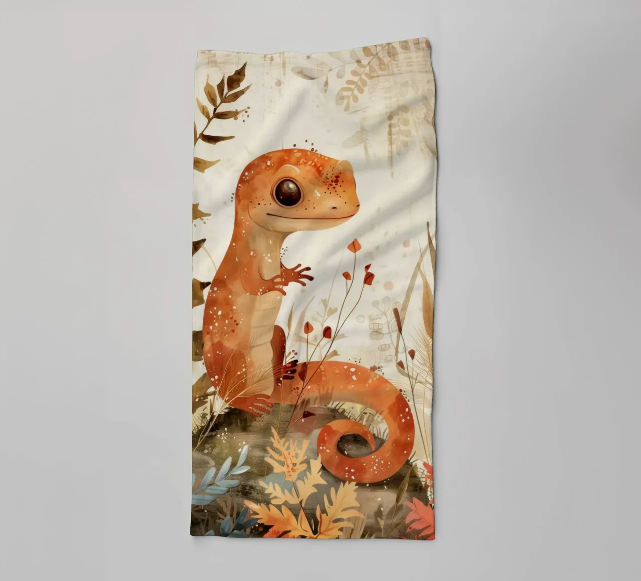 Orangefarbene Eidechse sitzt auf einem Felsen, umgeben von Pflanzen und Blumen Handtuch von DesignDoodle