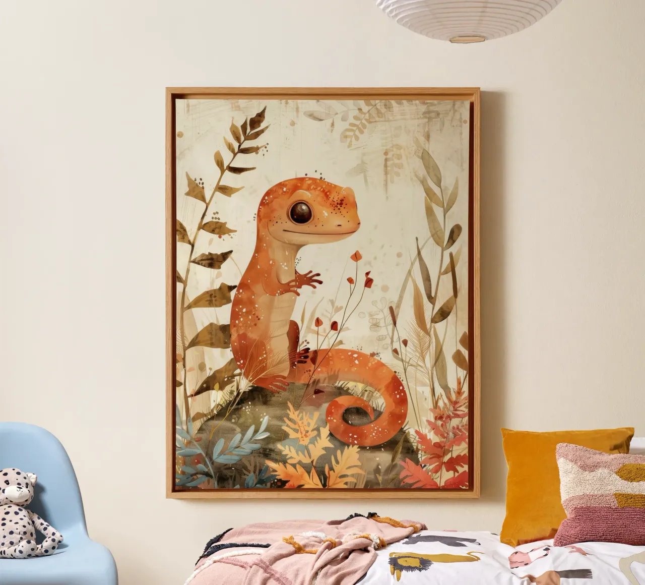 Lucertola arancione seduta su una roccia circondata da piante e fiori tela con Cornice a cassetta da DesignDoodle