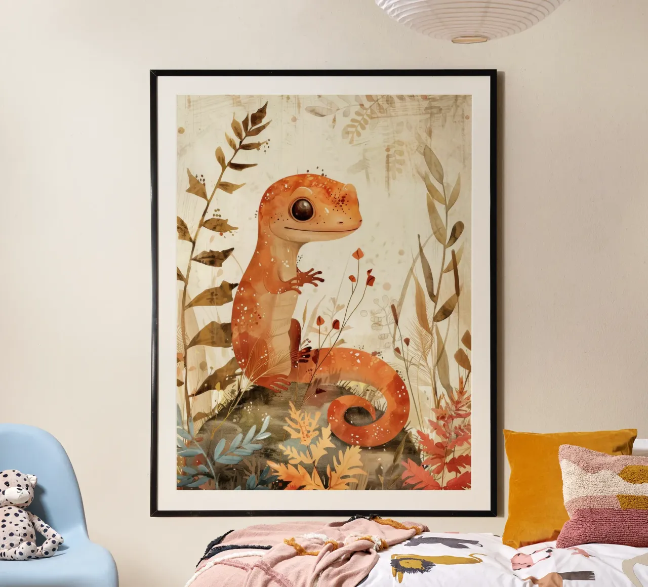 Lucertola arancione seduta su una roccia circondata da piante e fiori carta hahnemühle da DesignDoodle