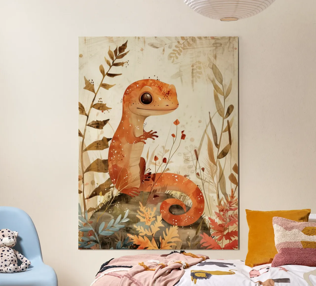 Lucertola arancione seduta su una roccia circondata da piante e fiori carta hahnemühle da DesignDoodle