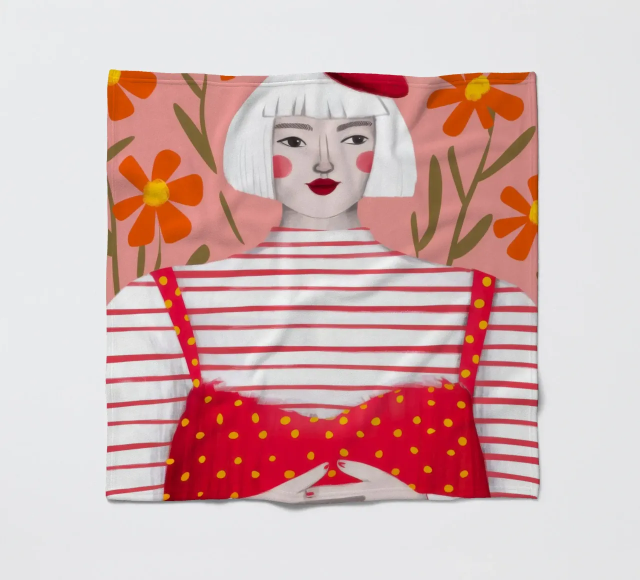 The Girl with the Beret fleece blanket by Ink Pulse