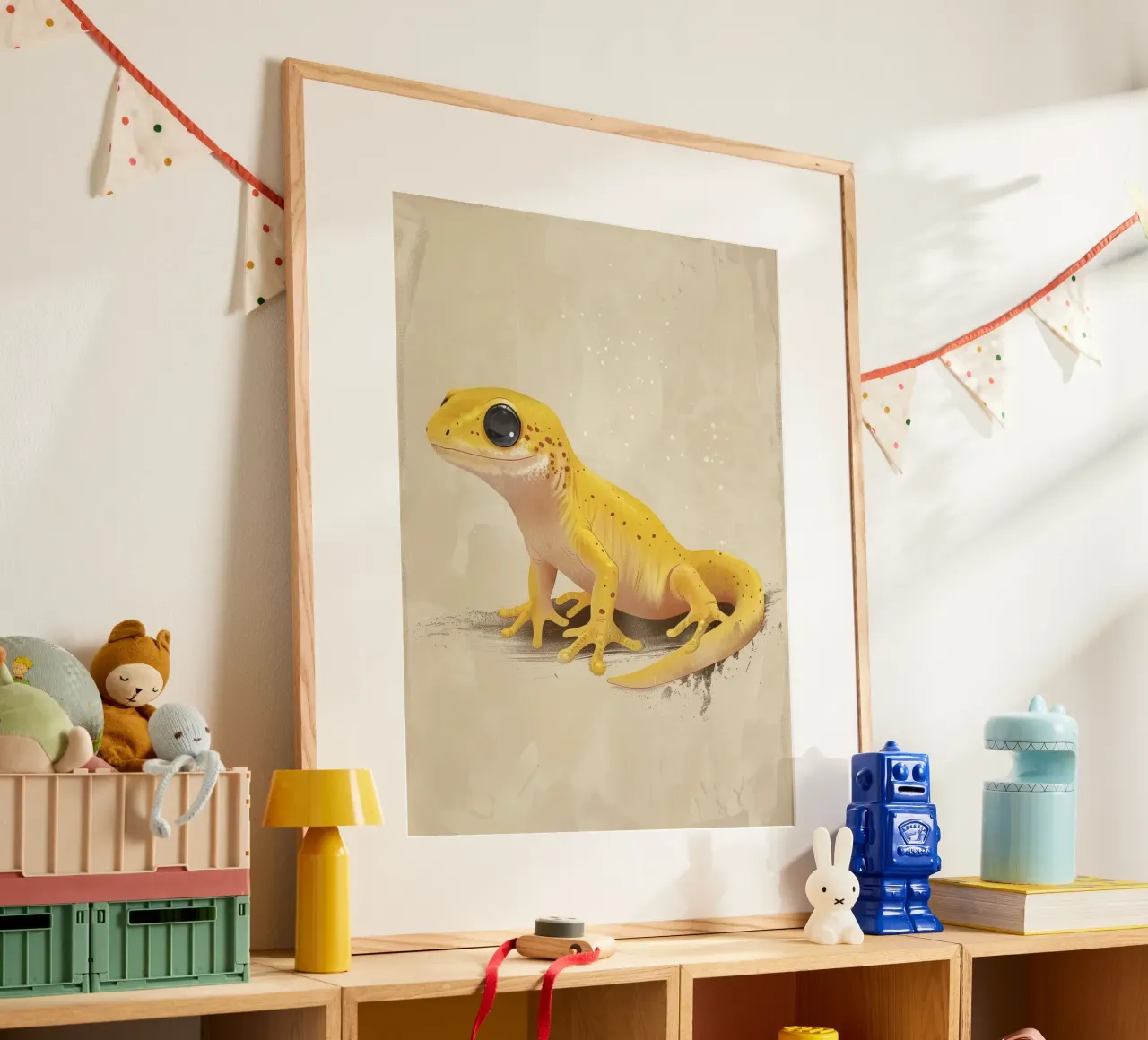 Gele amfibie rustend op een oppervlak met structuur hahnemühle van DesignDoodle