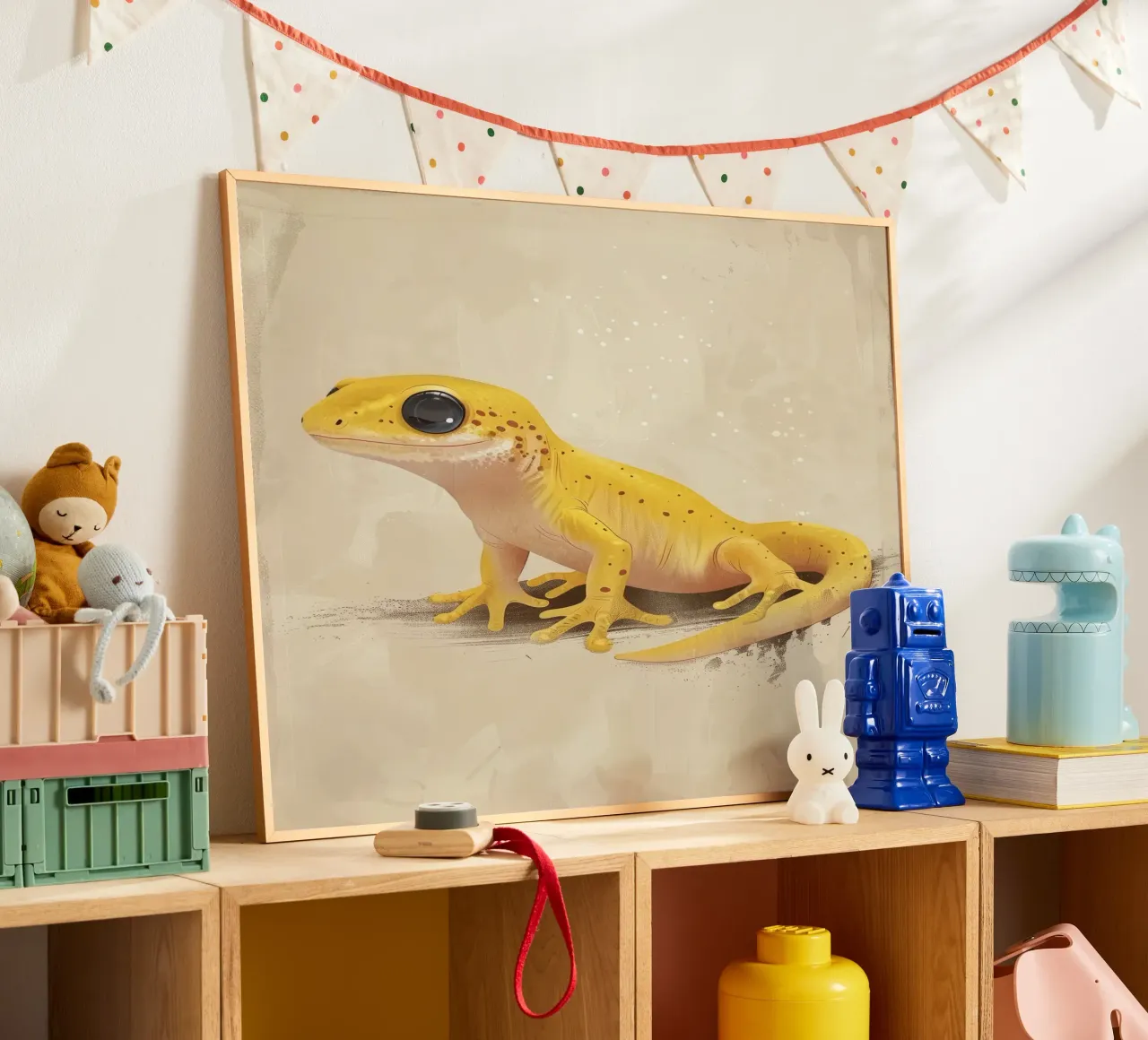 Gele amfibie rustend op een oppervlak met structuur hahnemühle van DesignDoodle