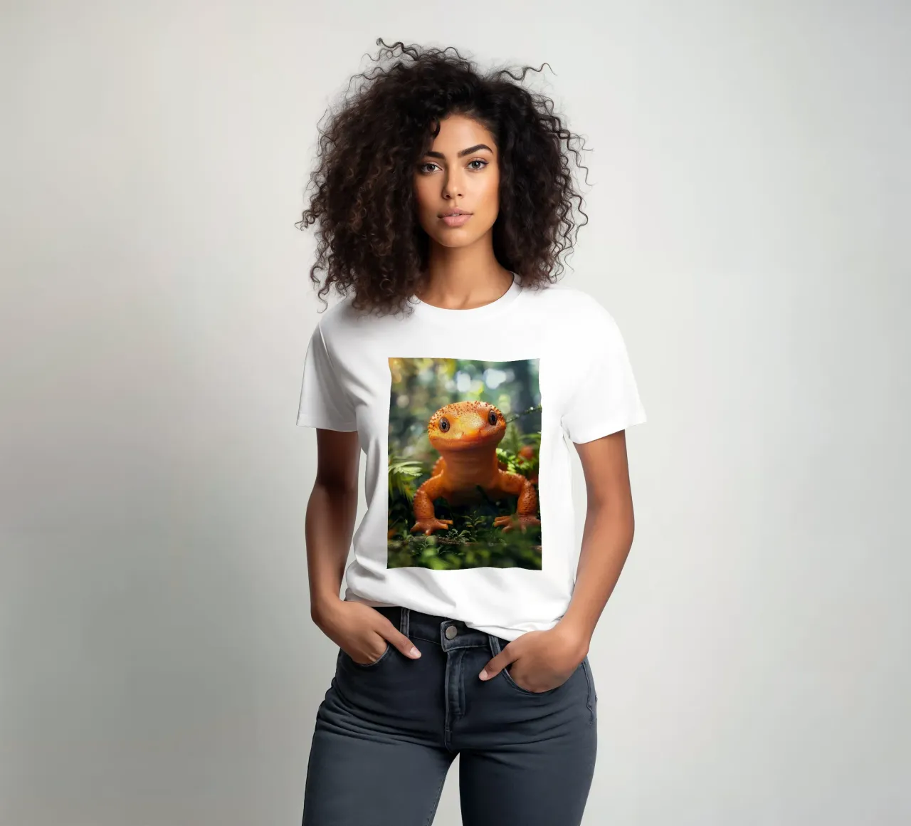 Leuchtend orangefarbene Eidechse inmitten von üppigem Laub in einem Wald T-Shirt von DesignDoodle