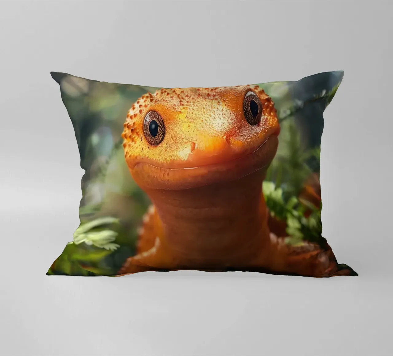 Lucertola arancione brillante appollaiata tra il fogliame lussureggiante di una foresta cuscino da DesignDoodle