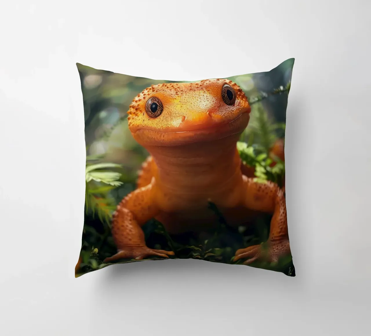 Lucertola arancione brillante appollaiata tra il fogliame lussureggiante di una foresta cuscino da DesignDoodle