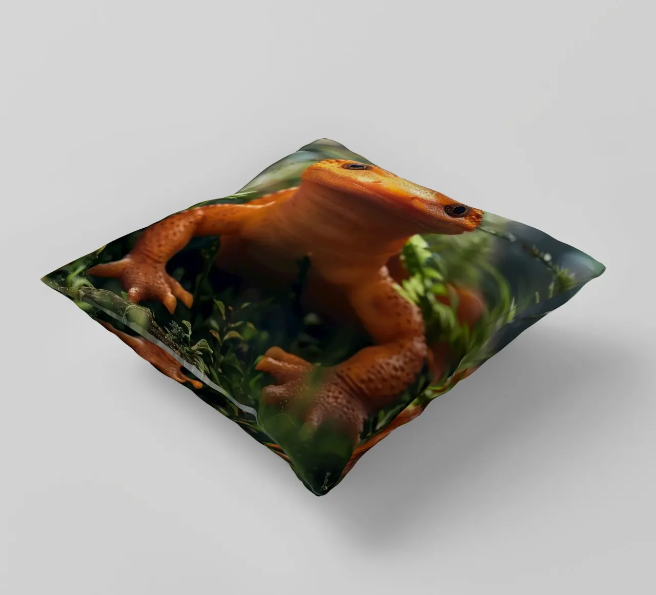 Lucertola arancione brillante appollaiata tra il fogliame lussureggiante di una foresta cuscino da DesignDoodle