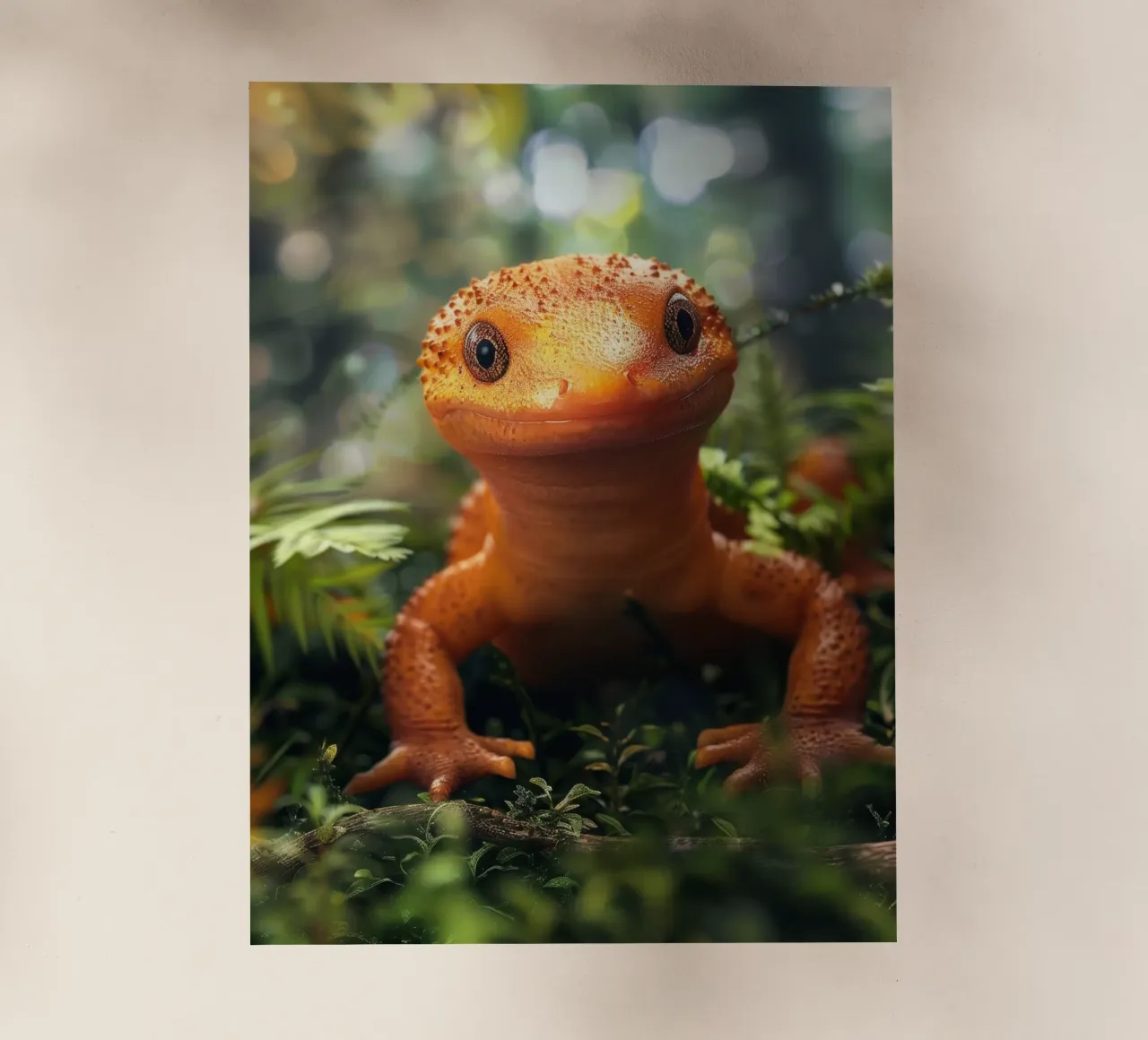 Leuchtend orangefarbene Eidechse inmitten von üppigem Laub in einem Wald Backlit Folie von DesignDoodle