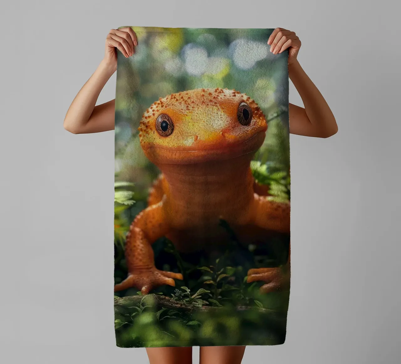 Leuchtend orangefarbene Eidechse inmitten von üppigem Laub in einem Wald Handtuch von DesignDoodle