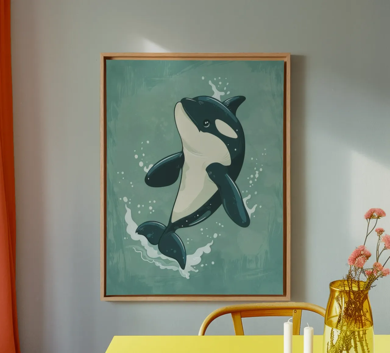 Orca che fa breccia giocosamente nell'acqua dell'oceano tela con Cornice a cassetta da DesignDoodle