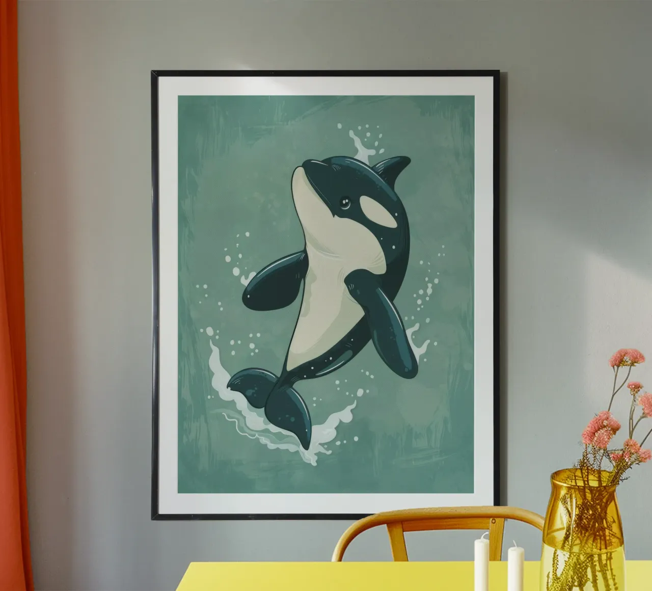 Orca che fa breccia giocosamente nell'acqua dell'oceano carta hahnemühle da DesignDoodle