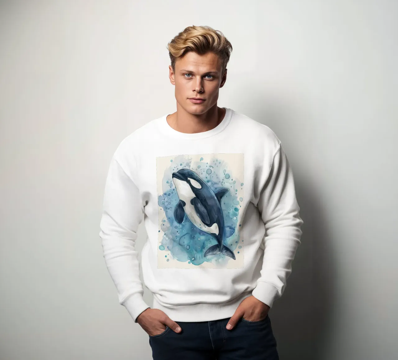 Orque nageant gracieusement dans des eaux bleues profondes avec des bulles. sweat de DesignDoodle