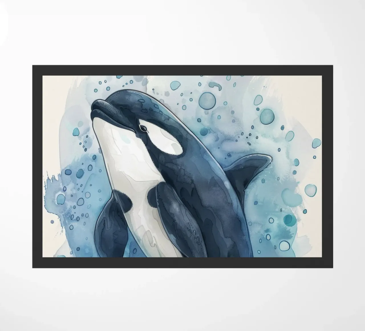Orca che nuota con grazia in acque blu profonde con bolle di sapone zerbino da DesignDoodle