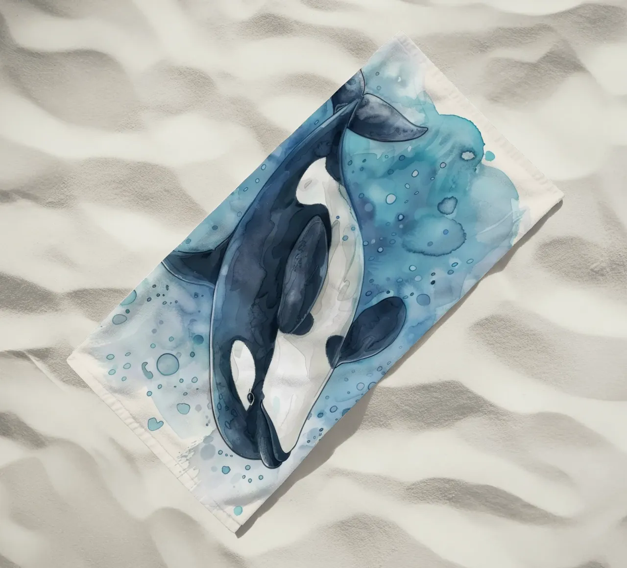 Orca che nuota con grazia in acque blu profonde con bolle di sapone telo mare da DesignDoodle