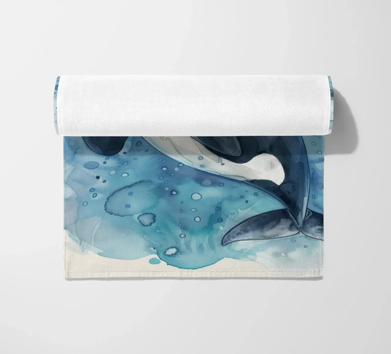 Orca che nuota con grazia in acque blu profonde con bolle di sapone telo mare da DesignDoodle