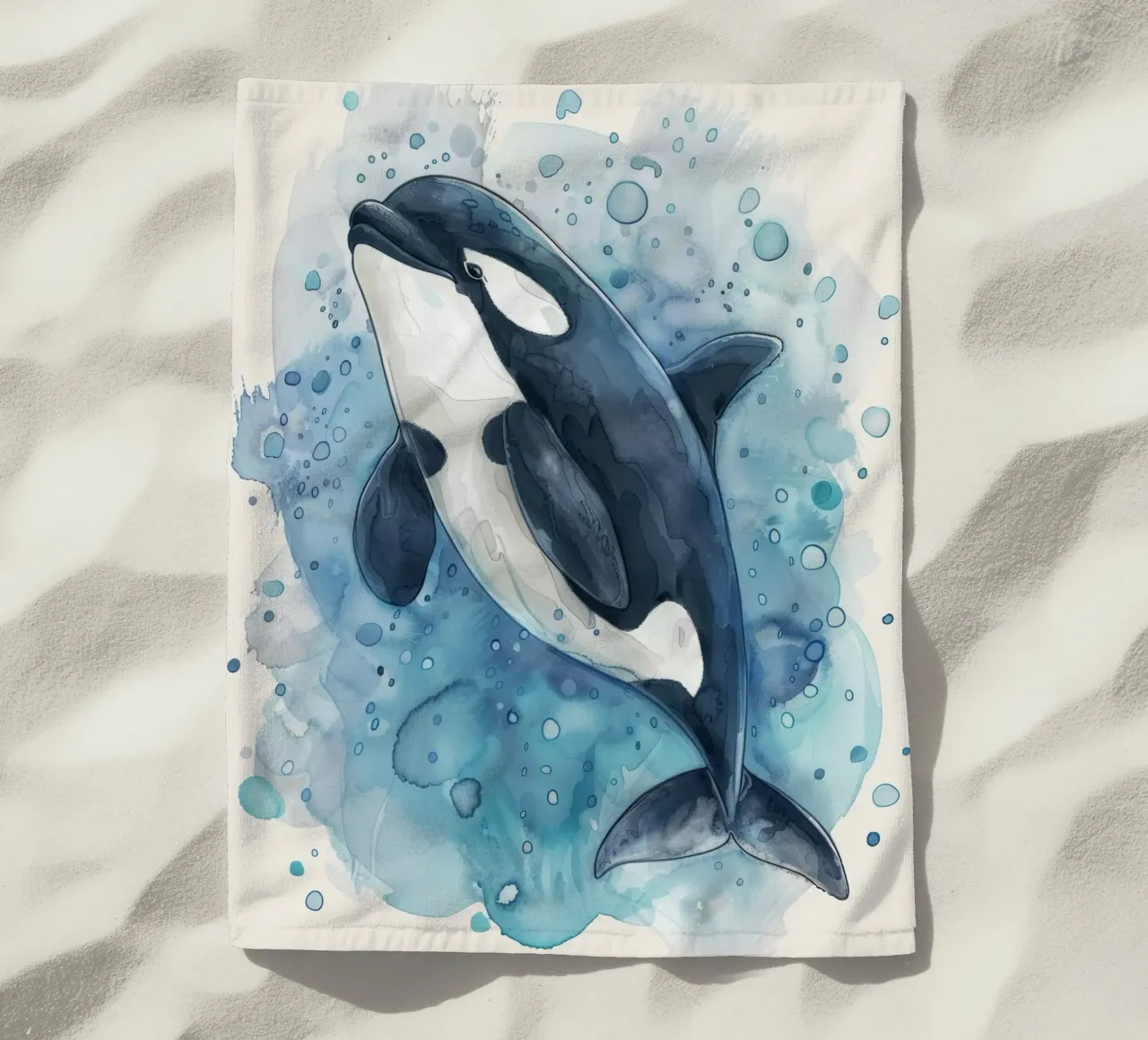 Orca che nuota con grazia in acque blu profonde con bolle di sapone telo mare da DesignDoodle