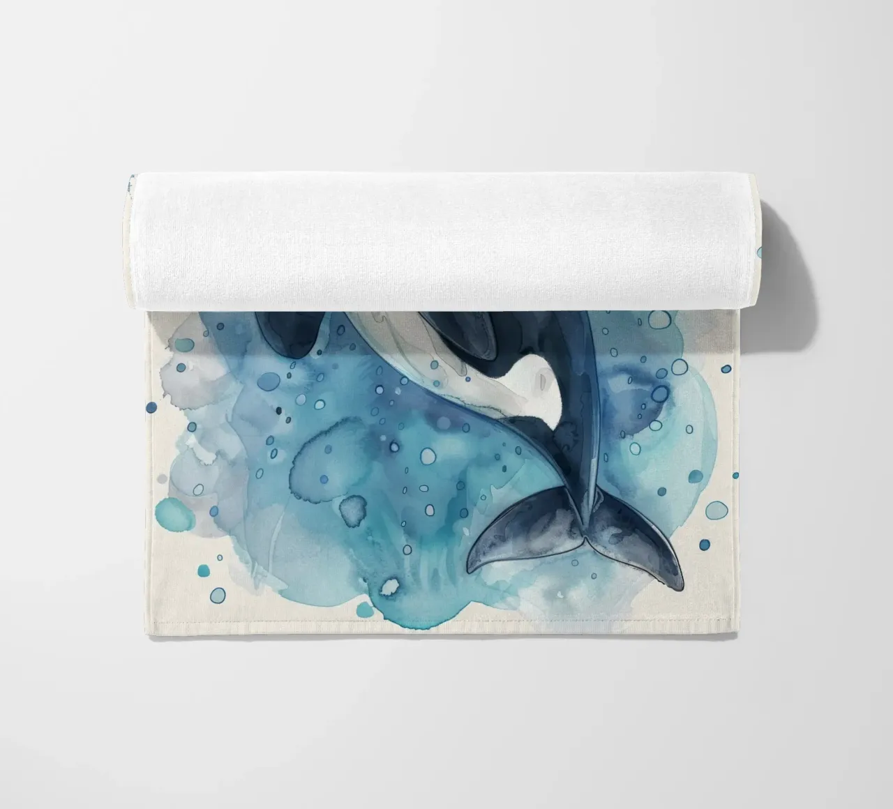 Orca che nuota con grazia in acque blu profonde con bolle di sapone telo mare da DesignDoodle