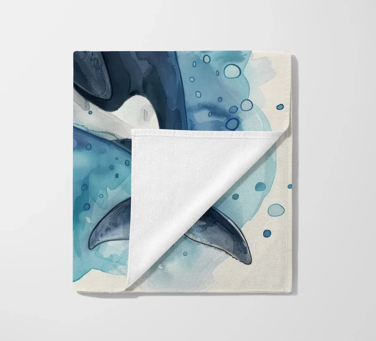 Orca che nuota con grazia in acque blu profonde con bolle di sapone telo mare da DesignDoodle