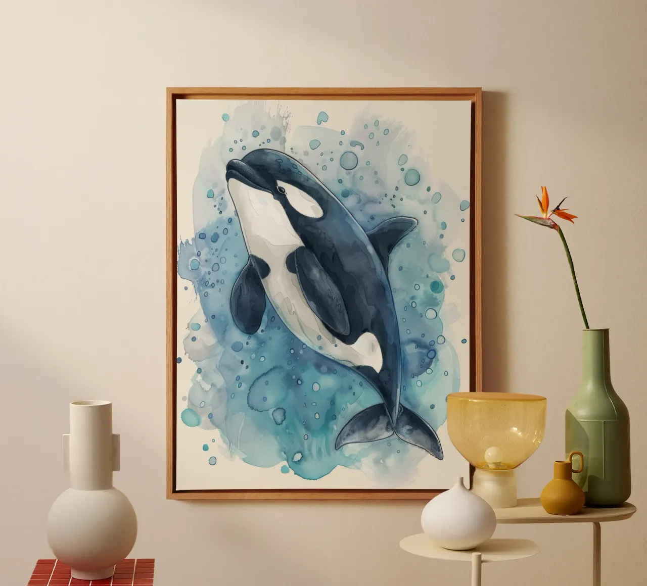 Orca schwimmt anmutig in tiefblauem Wasser mit Blasen Leinwand mit Schattenfugenrahmen von DesignDoodle