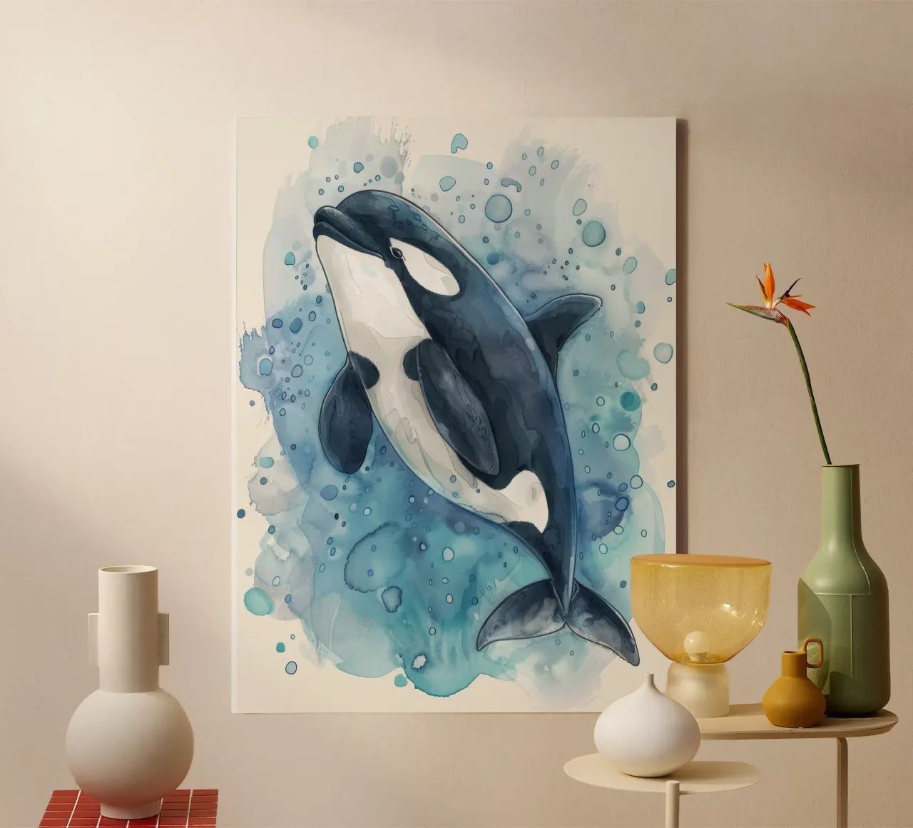 Orca schwimmt anmutig in tiefblauem Wasser mit Blasen Leinwand mit Schattenfugenrahmen von DesignDoodle