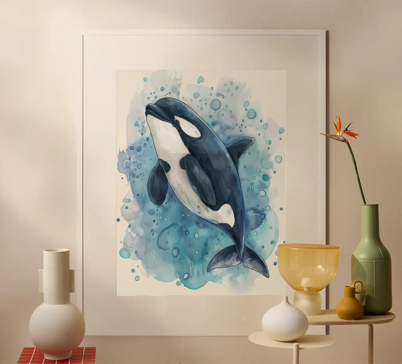 Orca schwimmt anmutig in tiefblauem Wasser mit Blasen Poster von DesignDoodle