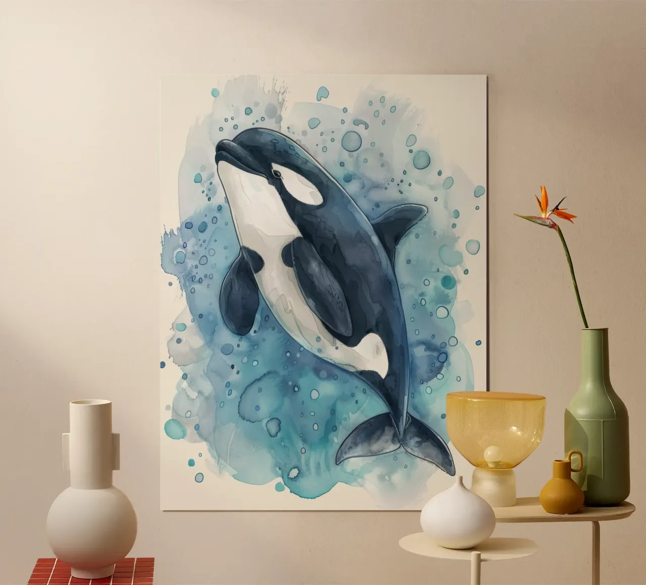 Orca schwimmt anmutig in tiefblauem Wasser mit Blasen Poster von DesignDoodle