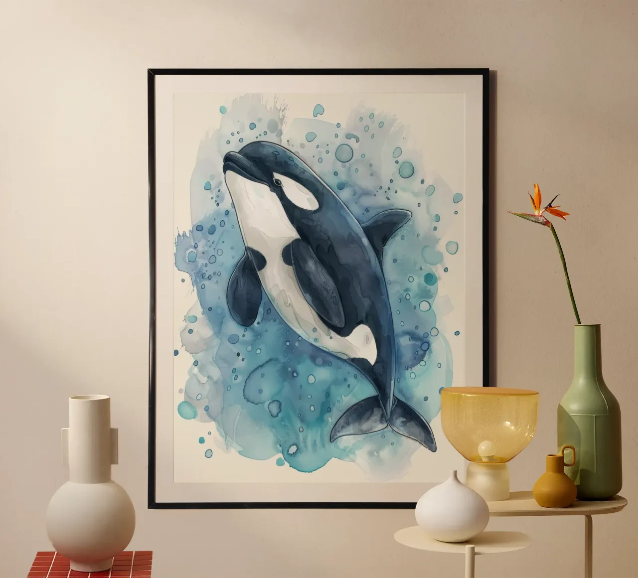 Orca schwimmt anmutig in tiefblauem Wasser mit Blasen Poster von DesignDoodle