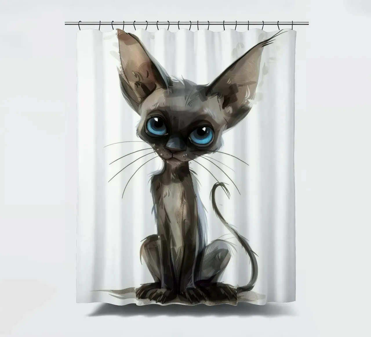 Charming cartoon cat with big blue eyes and distinctive ears shower curtain by DesignDoodle