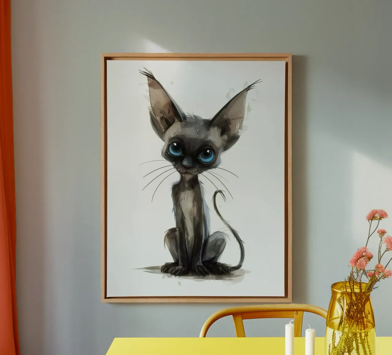 Charming cartoon cat with big blue eyes and distinctive ears canvas by DesignDoodle