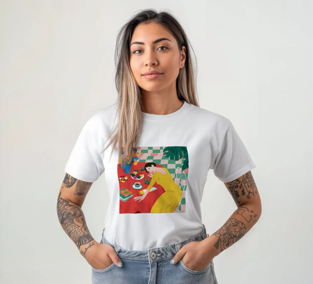 Sogno ad occhi aperti del caffè a scacchi t-shirt da Mythy Brush