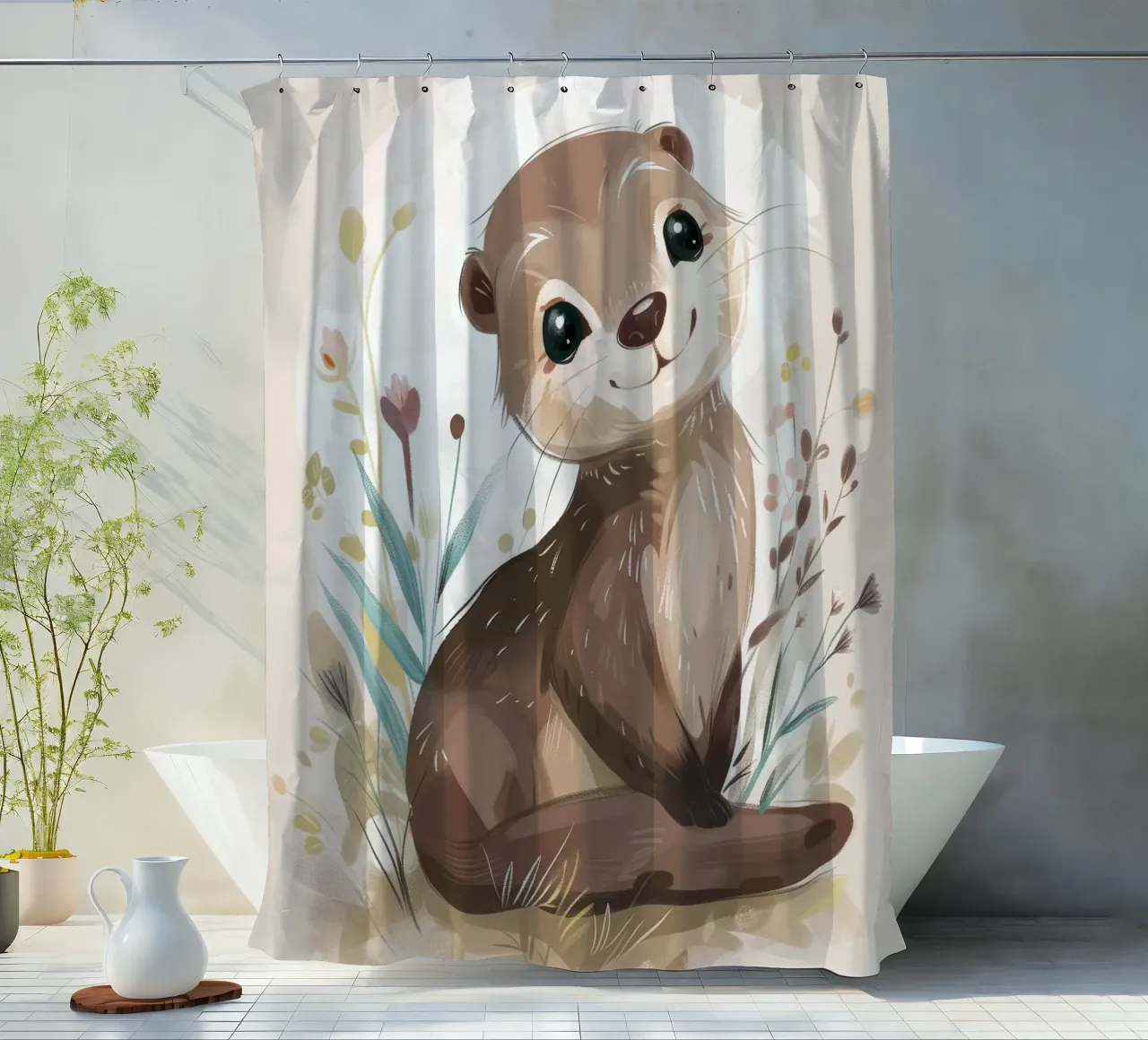 Charming otter relaxing among plants with simple background shower curtain by DesignDoodle