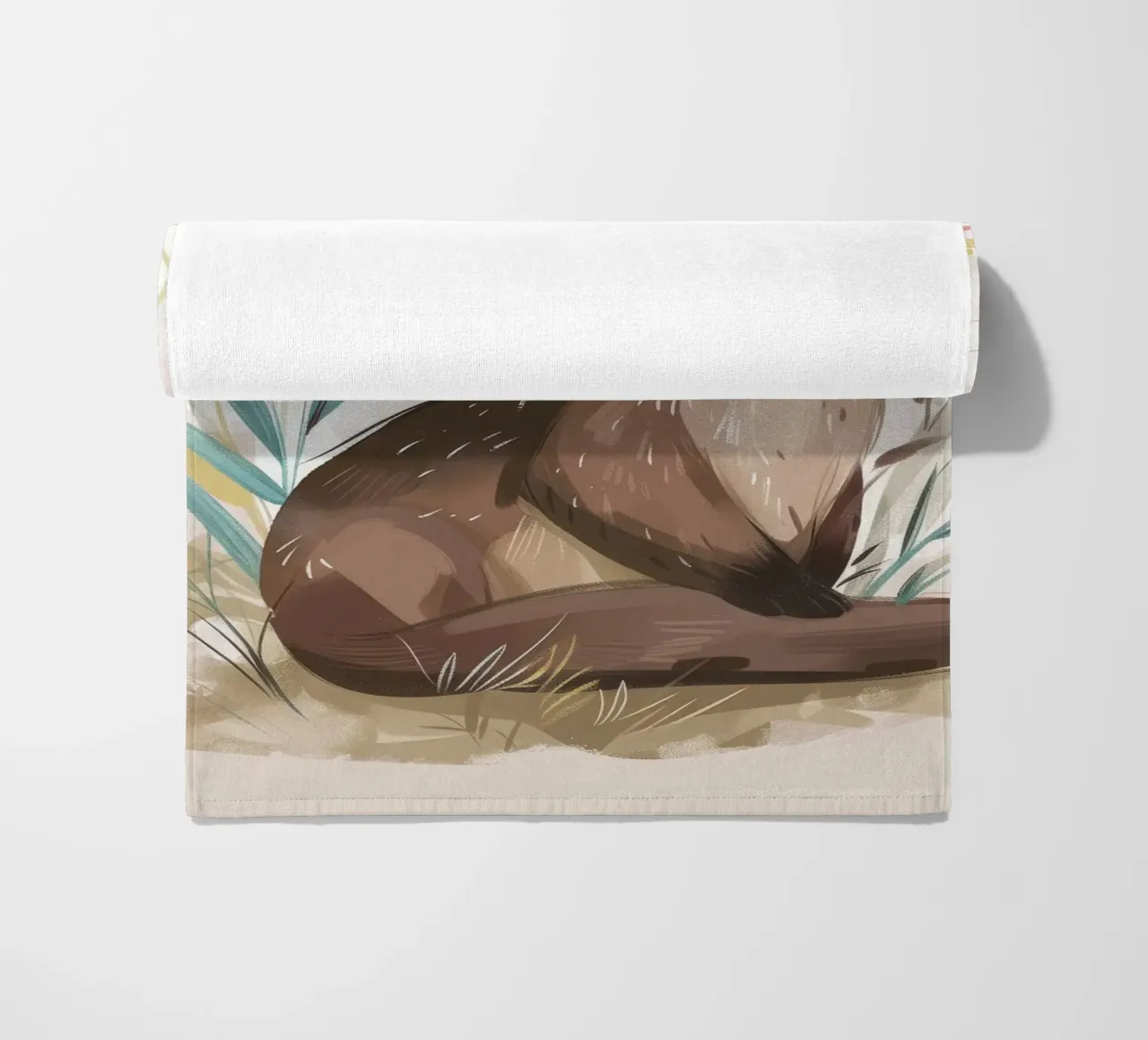 Charming otter relaxing among plants with simple background beach towel by DesignDoodle