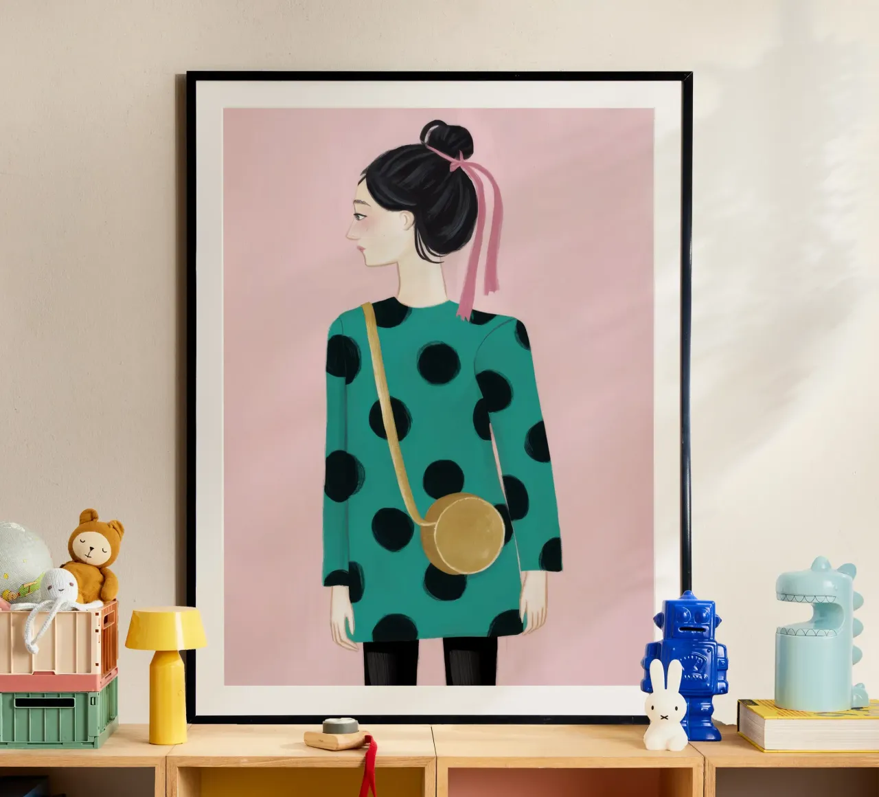 Smaragdfarbener Polka Dot Poise Poster mit Aluminium Rahmen von Giant Foxs