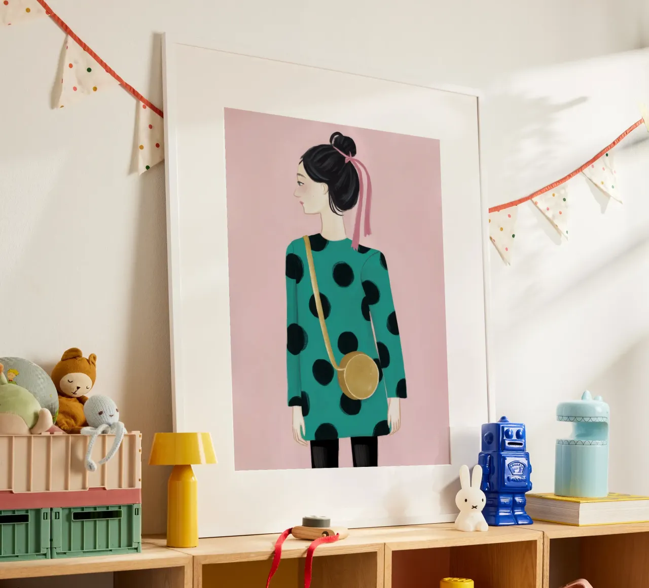 Smaragdfarbener Polka Dot Poise Poster mit Aluminium Rahmen von Giant Foxs
