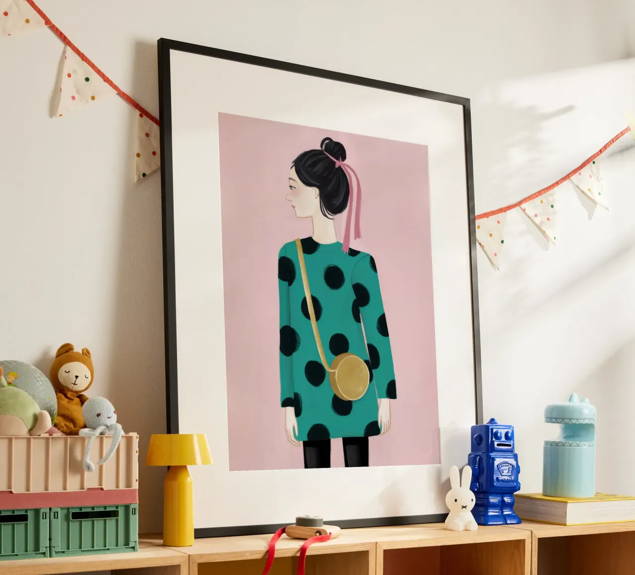 Smaragdfarbener Polka Dot Poise Poster mit Aluminium Rahmen von Giant Foxs