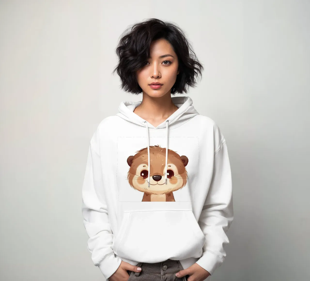 Simpatico personaggio di lontra dei cartoni animati in piedi con un sorriso amichevole felpa con cappuccio da DesignDoodle